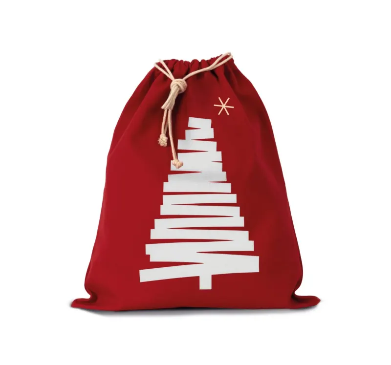 Cotton bag with christmas tree design and drawcord closure