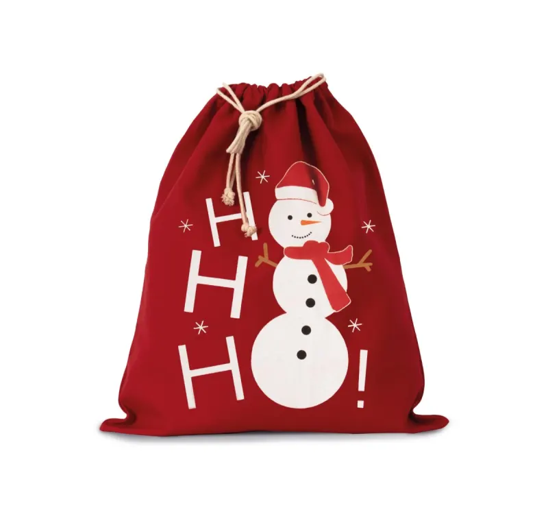 Cotton bag with snowman design and drawcord closure