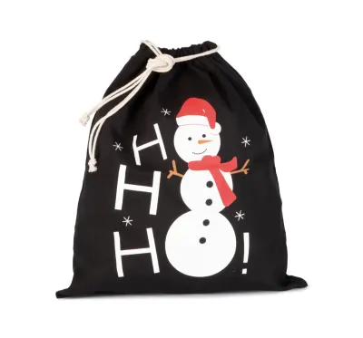 Cotton bag with snowman design and drawcord closure