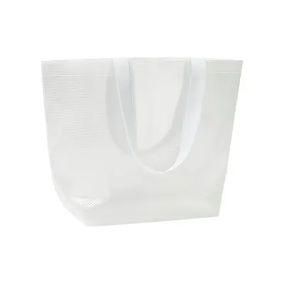 Pungă de cumpărături transparentă, laminată, din PP, 110 g/m². Mânere lungi din poliester colorat și pliu de lărgire