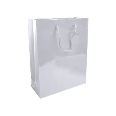 Pungă de cumpărături din hârtie laminată de 157 g/m², cu pliu lateral și întărire la bază, cu mânere din sfoară