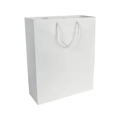 Pungă de cumpărături din hârtie laminată mată de 157 g/m², cu pliu lateral și întărire la bază