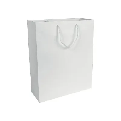 Pungă de cumpărături din hârtie laminată mată de 157 g/m², cu pliu lateral și întărire la bază