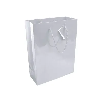 Pungă de cumpărături din hârtie laminată de 157 g/m², cu pliu lateral și întărire la bază, cu mânere din sfoară