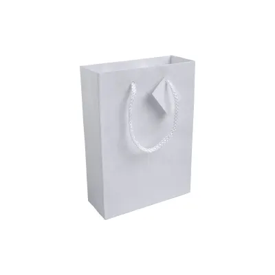 Pungă de cumpărături din hârtie laminată de 157 g/m², cu pliu lateral și întărire la bază, cu mânere din sfoară