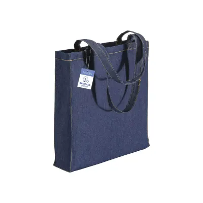 Geantă de cumpărături din denim din bumbac reciclat, 180 g/m², cu mânere lungi și pliu lateral