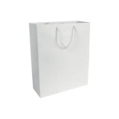 Pungă de cumpărături din hârtie laminată mată de 157 g/m², cu pliu lateral și întărire la bază