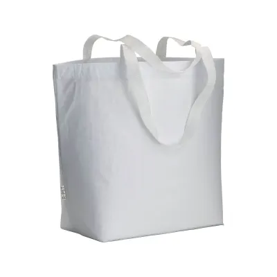 Pungă de cumpărături laminată din PET reciclat (R-PET), cu pliu la bază și mânere lungi din poliester