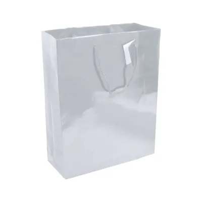 Pungă de cumpărături din hârtie laminată de 157 g/m², cu pliu lateral și întărire la bază, cu mânere din sfoară