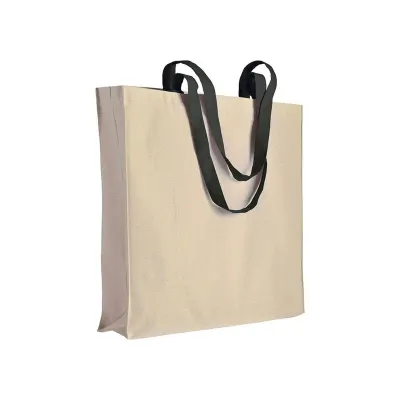 Pungă de cumpărături din bumbac natural, de 220 g/m², cu mânere lungi colorate și pliu lateral