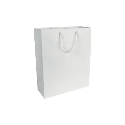 Pungă de cumpărături din hârtie laminată mată de 157 g/m², cu pliu lateral și întărire la bază