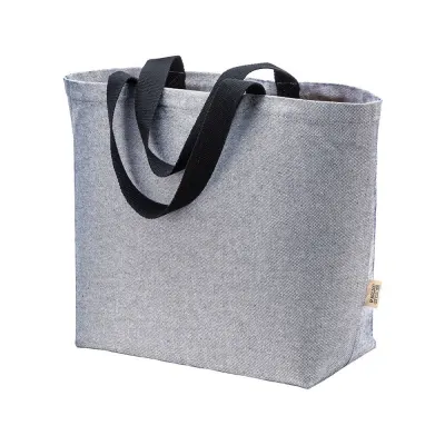 Geantă din bumbac reciclat, 340 g/m², cu efect melanj. Mânere lungi colorate și pliu lateral