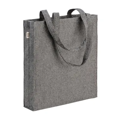Geantă de cumpărături din bumbac reciclat, 300 g/m², cu efect melanj. Mânere lungi și pliu lateral