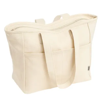 Geantă din bumbac reciclat, 450 g/m², cu mânere lungi și buzunar dublu în față