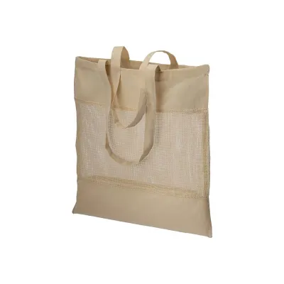 Pungă de cumpărături din bumbac natural, de 135 g/m², cu plasă în partea centrală și mânere lungi