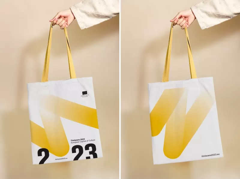 Sacoșă din bumbac alb 120 g, 38 × 42 cm, mânere galbene — full print Timișoara 2023, realizată integral în România